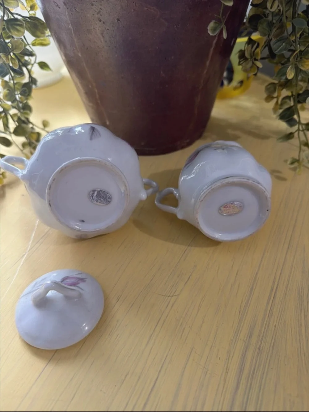 Enesco White Porcelain Sugar Bowl and Creamer with Pink Rose Motif